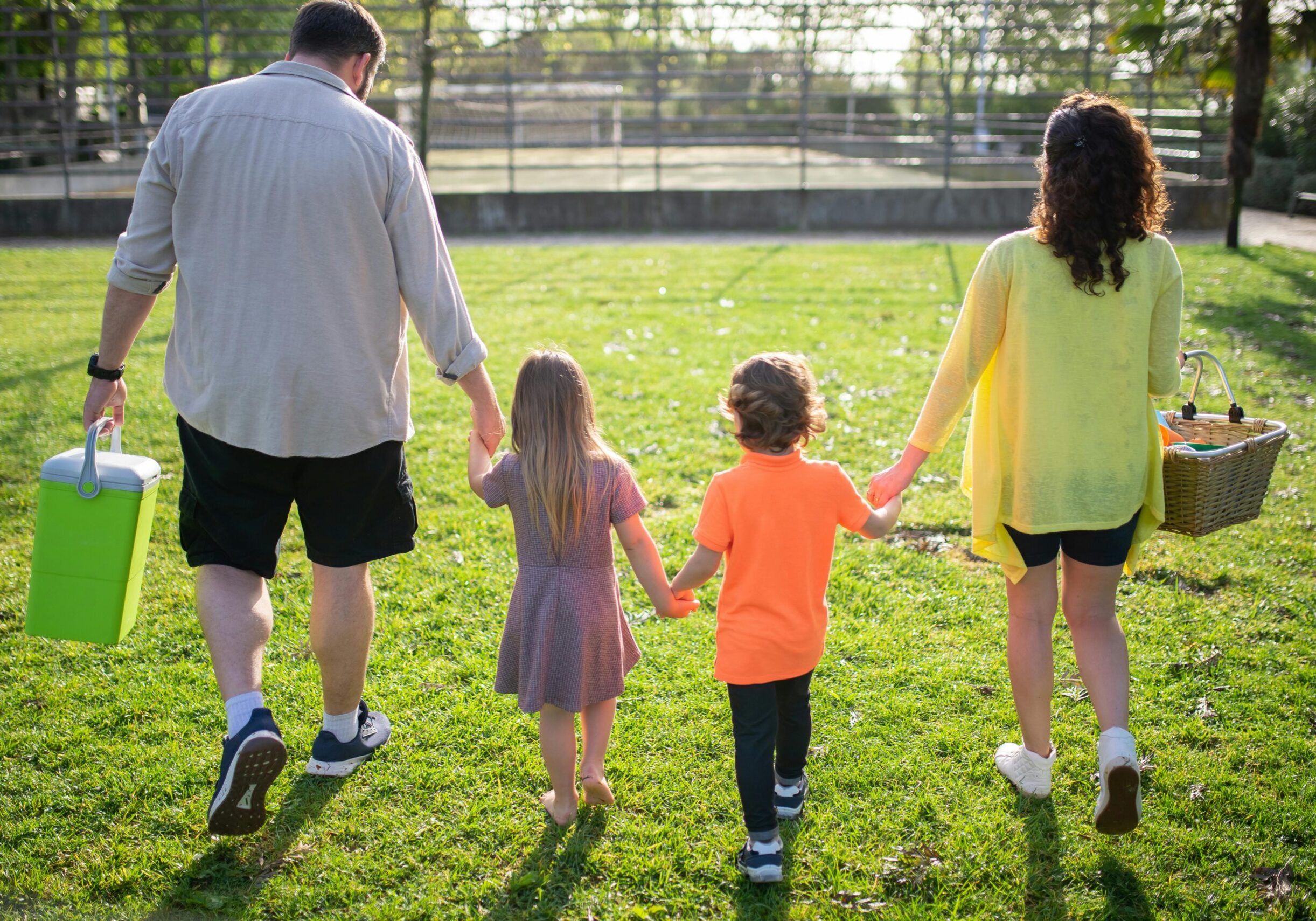 A family of four walking hand in hand through a sunny park carrying picnic supplies.